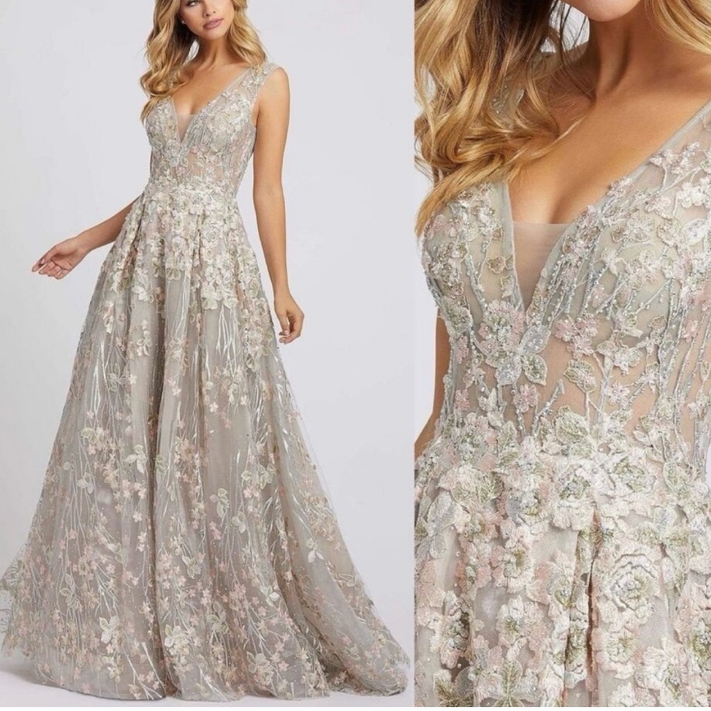 Mac Duggal Floral Embroidered Embellished V Neck Sparkle Ball Gown - Reemoly